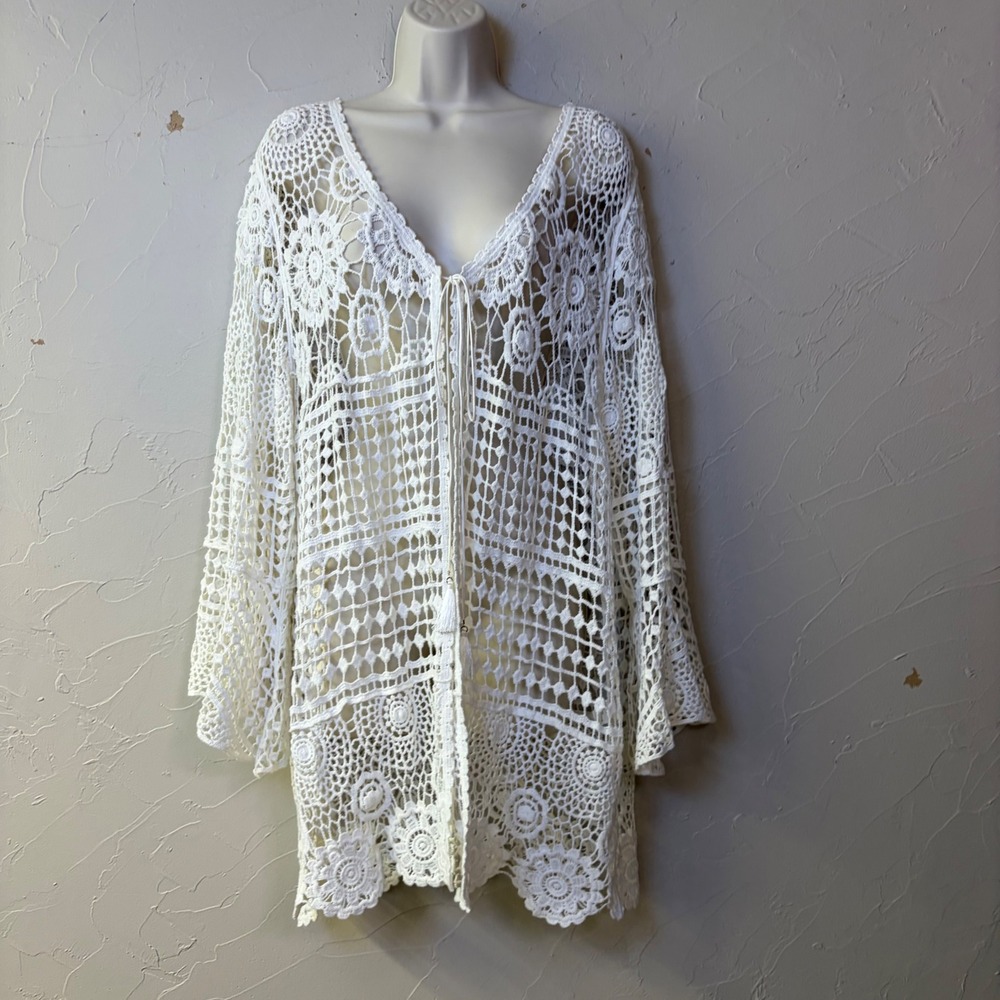 Cal Style Cardigan Women L White Cotton Crochet Lace Kimono Cover Up Boho